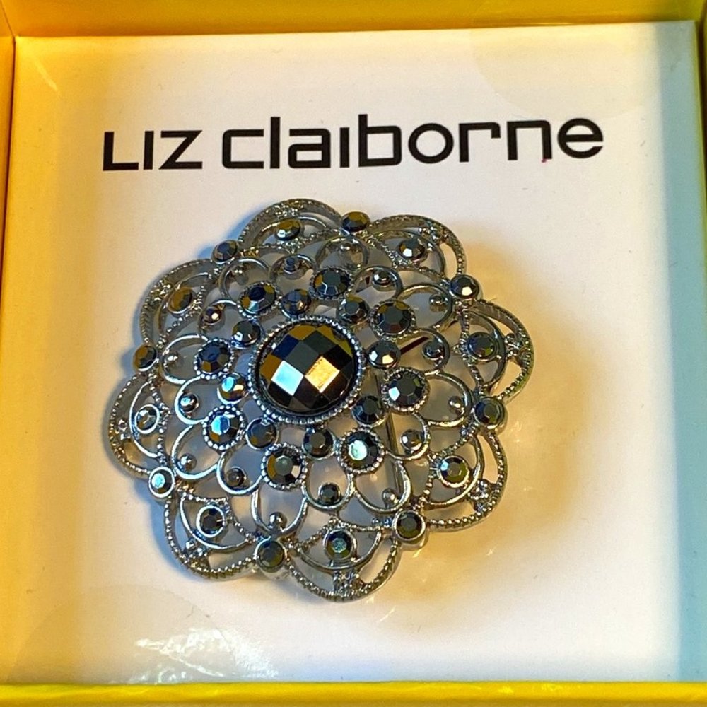 Liz Claiborne Antiqued Silver with Smokey Crystals Brooch